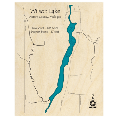 Bathymetric topo map of Wilson Lake, MI with roads, towns and depths noted in blue water.