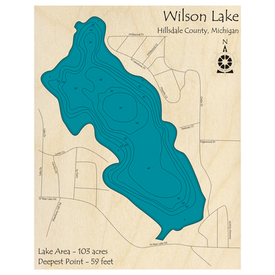 Bathymetric topo map of Wilson Lake, MI with roads, towns and depths noted in blue water.