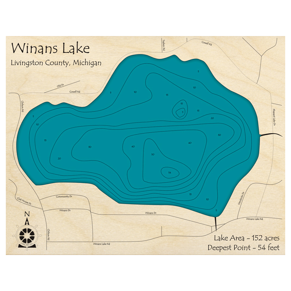 Bathymetric topo map of Winans Lake, MI with roads, towns and depths noted in blue water.