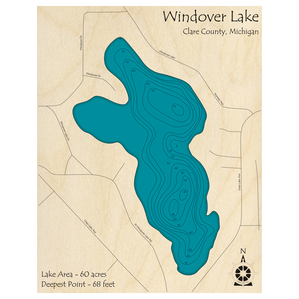 Bathymetric topo map of Windover Lake, MI with roads, towns and depths noted in blue water.