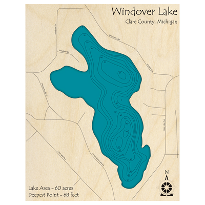 Bathymetric topo map of Windover Lake, MI with roads, towns and depths noted in blue water.