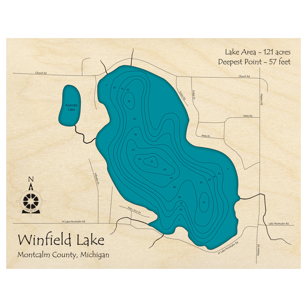 Bathymetric topo map of Winfield Lake, MI with roads, towns and depths noted in blue water.