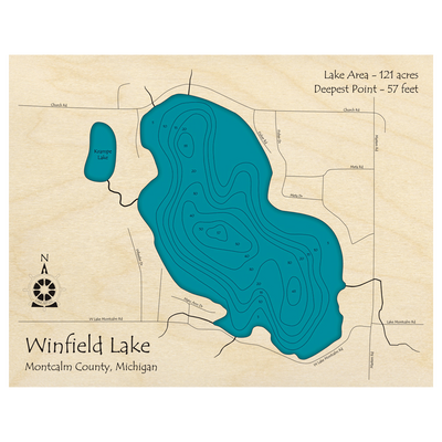 Bathymetric topo map of Winfield Lake, MI with roads, towns and depths noted in blue water.
