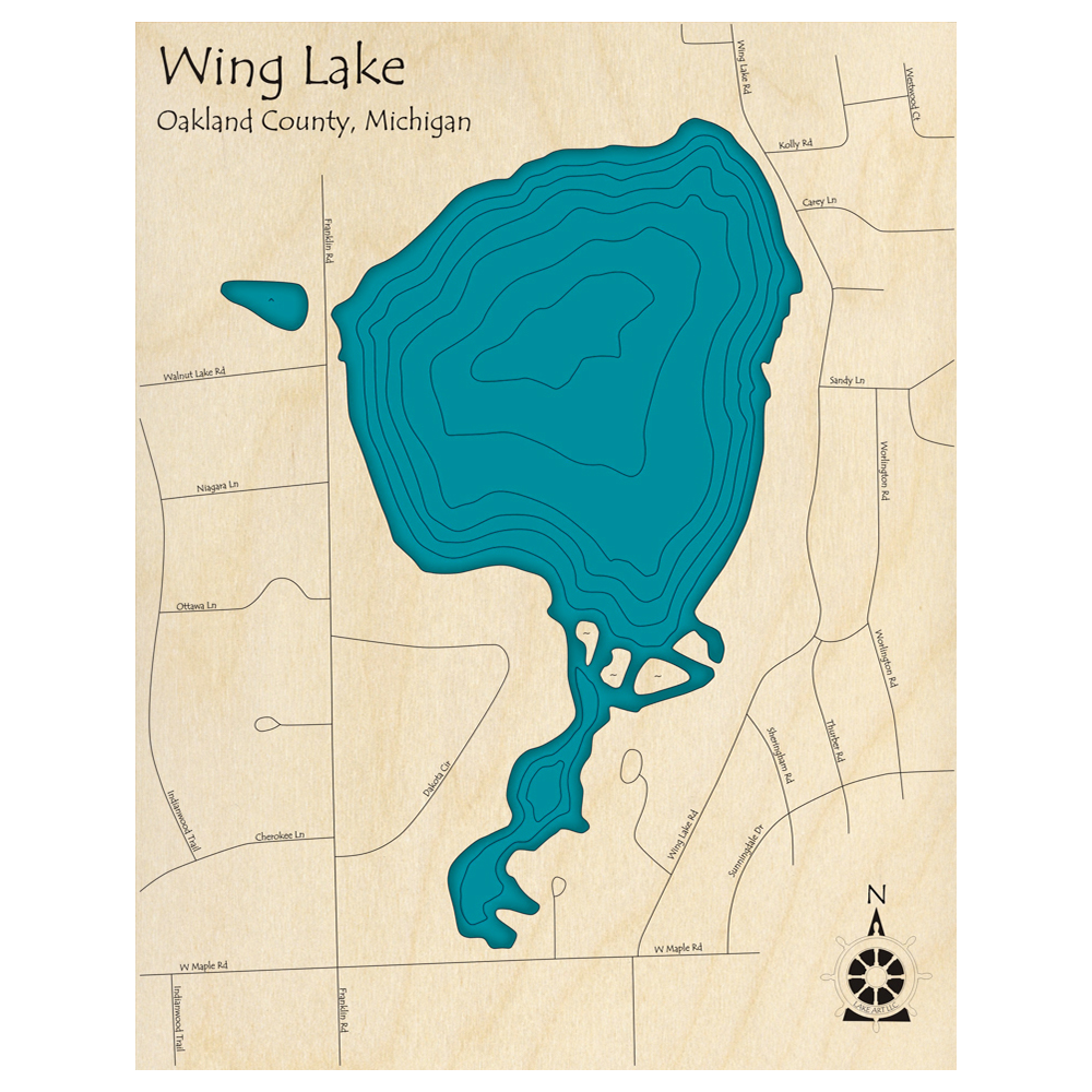 Bathymetric topo map of Wing Lake, MI with roads, towns and depths noted in blue water.