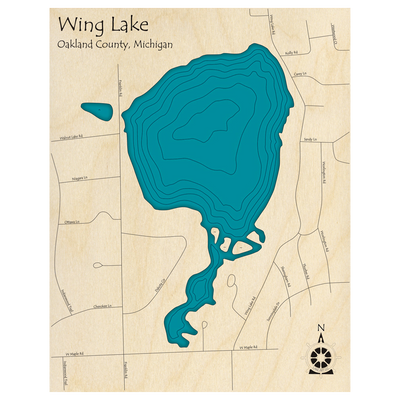 Bathymetric topo map of Wing Lake, MI with roads, towns and depths noted in blue water.