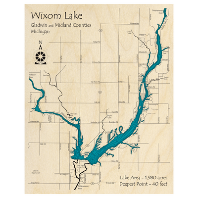 Bathymetric topo map of Wixom Lake, MI with roads, towns and depths noted in blue water.