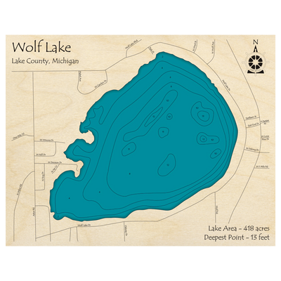 Bathymetric topo map of Wolf Lake, MI with roads, towns and depths noted in blue water.