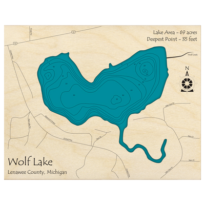 Bathymetric topo map of Wolf Lake, MI with roads, towns and depths noted in blue water.