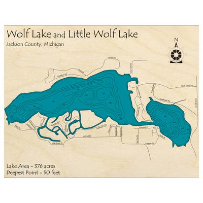 Bathymetric topo map of Wolf Lake, MI with roads, towns and depths noted in blue water.