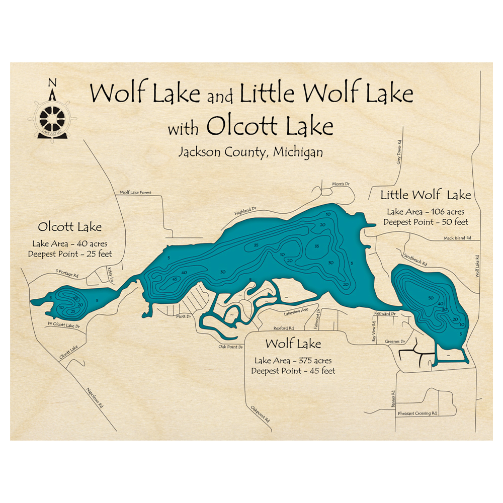Bathymetric topo map of Wolf Lake, MI with roads, towns and depths noted in blue water.