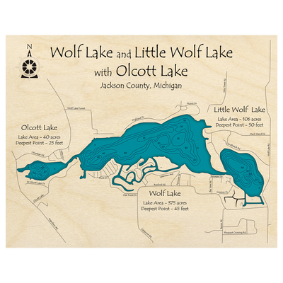 Bathymetric topo map of Wolf Lake, MI with roads, towns and depths noted in blue water.