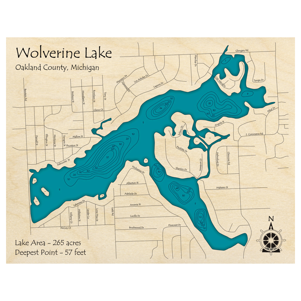 Bathymetric topo map of Wolverine Lake, MI with roads, towns and depths noted in blue water.