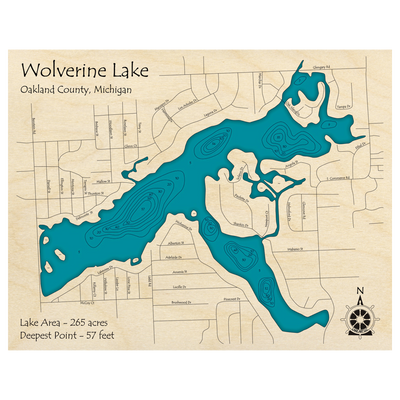 Bathymetric topo map of Wolverine Lake, MI with roads, towns and depths noted in blue water.