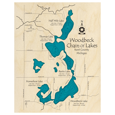 Bathymetric topo map of Woodbeck Chain of Lakes, MI with roads, towns and depths noted in blue water.