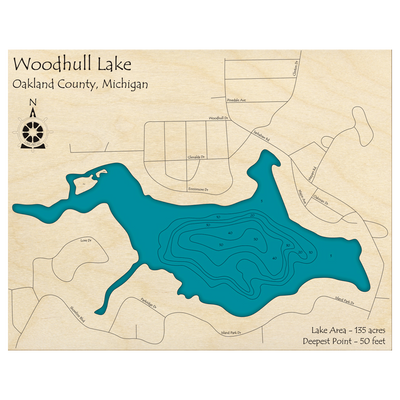 Bathymetric topo map of Woodhull Lake, MI with roads, towns and depths noted in blue water.