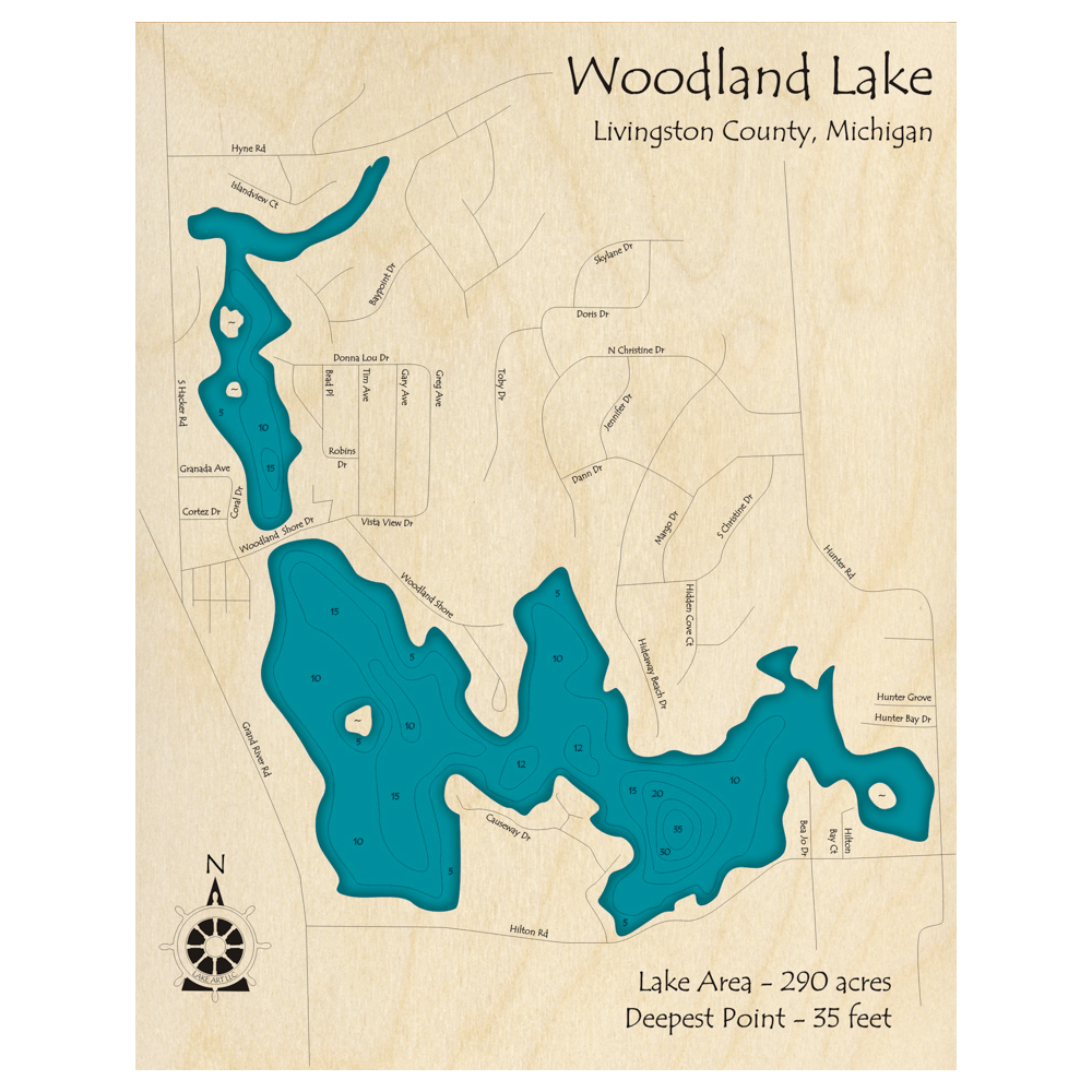 Bathymetric topo map of Woodland Lake, MI with roads, towns and depths noted in blue water.