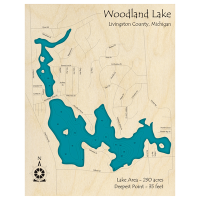 Bathymetric topo map of Woodland Lake, MI with roads, towns and depths noted in blue water.