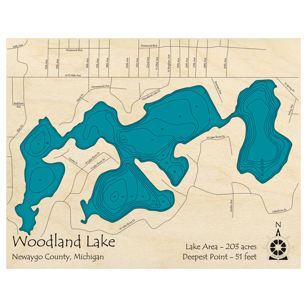 Bathymetric topo map of Woodland Lake, MI with roads, towns and depths noted in blue water.