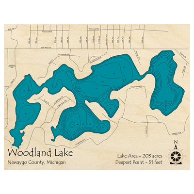 Bathymetric topo map of Woodland Lake, MI with roads, towns and depths noted in blue water.
