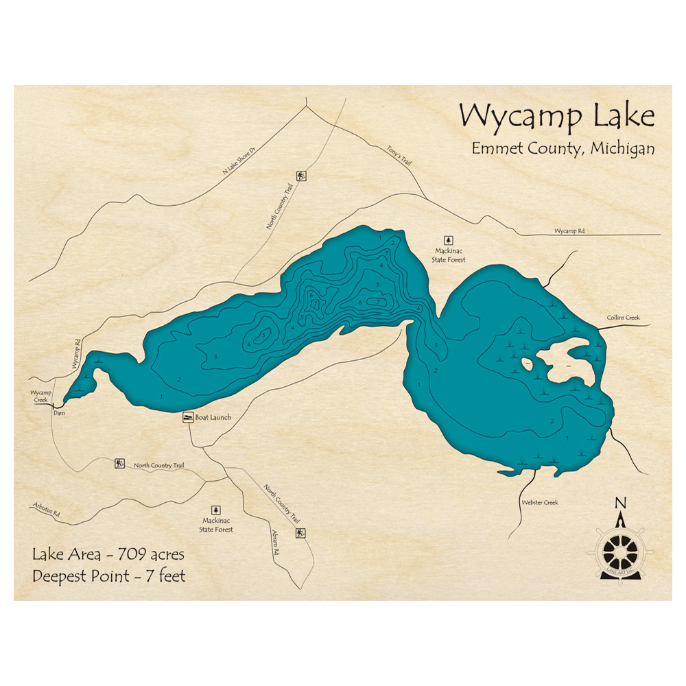 Bathymetric topo map of Wycamp Lake, MI with roads, towns and depths noted in blue water.