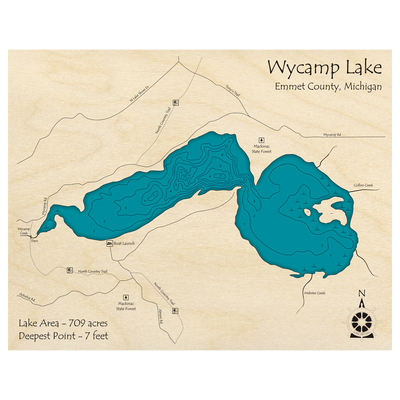 Bathymetric topo map of Wycamp Lake, MI with roads, towns and depths noted in blue water.