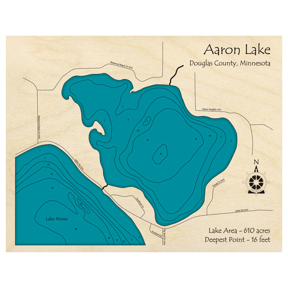Bathymetric topo map of Aaron Lake, MN with roads, towns and depths noted in blue water.