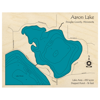 Bathymetric topo map of Aaron Lake, MN with roads, towns and depths noted in blue water.