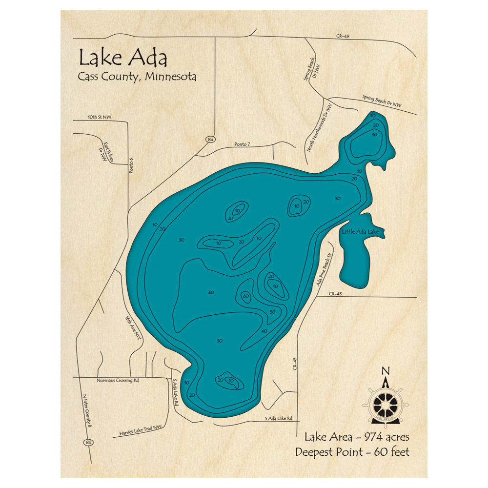 Bathymetric topo map of Lake Ada, MN with roads, towns and depths noted in blue water.