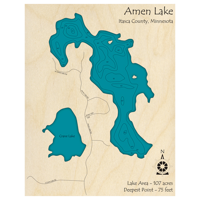 Bathymetric topo map of Amen Lake, MN with roads, towns and depths noted in blue water.