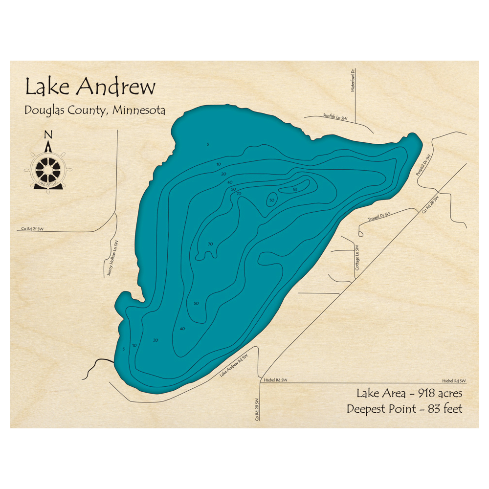 Bathymetric topo map of Lake Andrew, MN with roads, towns and depths noted in blue water.