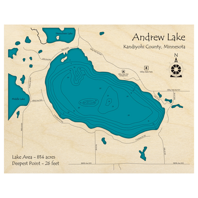 Bathymetric topo map of Andrew Lake, MN with roads, towns and depths noted in blue water.