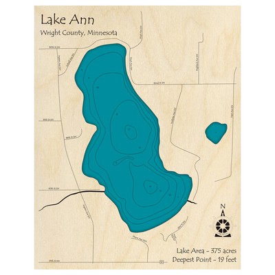 Bathymetric topo map of Lake Ann, MN with roads, towns and depths noted in blue water.