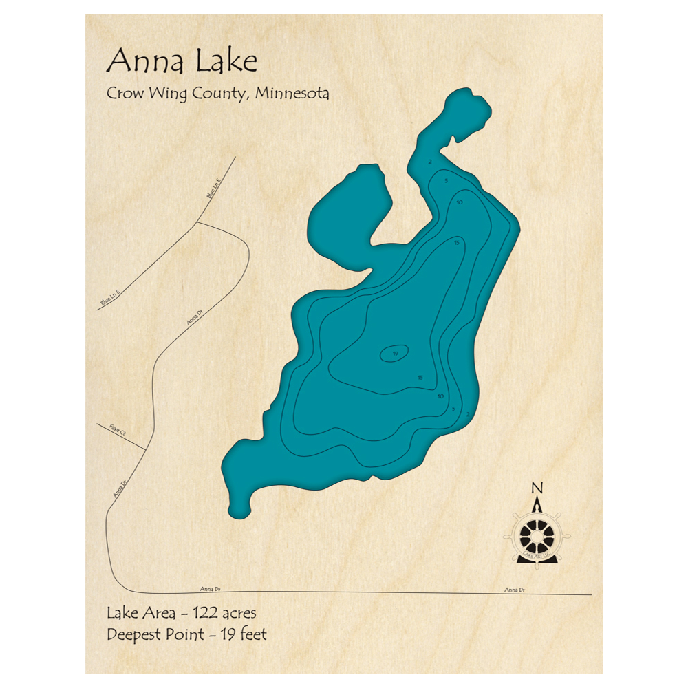 Bathymetric topo map of Anna Lake, MN with roads, towns and depths noted in blue water.