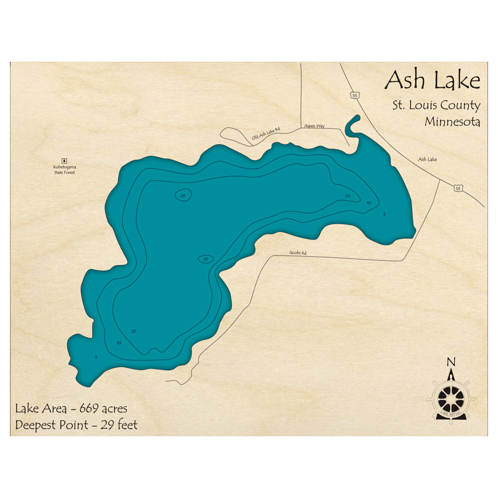 Bathymetric topo map of Ash Lake, MN with roads, towns and depths noted in blue water.