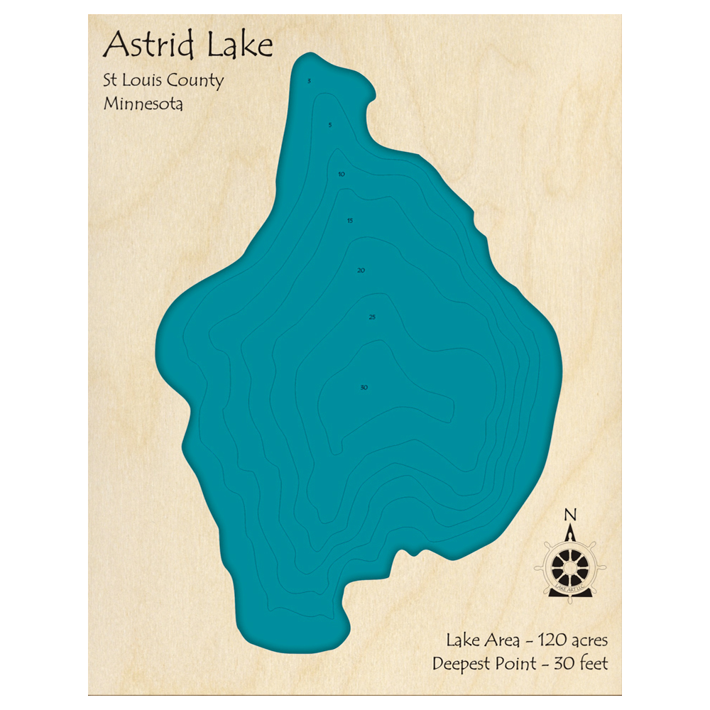 Bathymetric topo map of Astrid Lake, MN with roads, towns and depths noted in blue water.