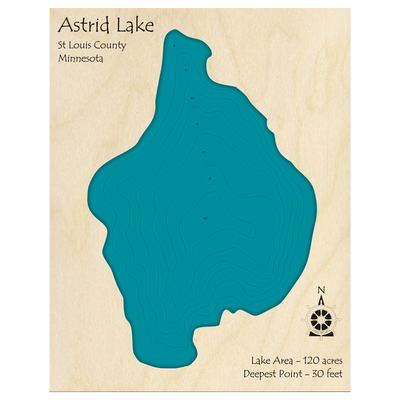Bathymetric topo map of Astrid Lake, MN with roads, towns and depths noted in blue water.