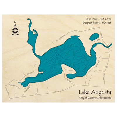 Bathymetric topo map of Lake Augusta, MN with roads, towns and depths noted in blue water.