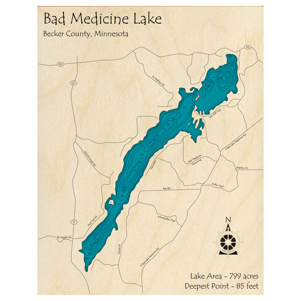 Bathymetric topo map of Bad Medicine Lake, MN with roads, towns and depths noted in blue water.