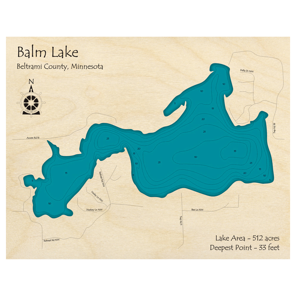 Bathymetric topo map of Balm Lake, MN with roads, towns and depths noted in blue water.