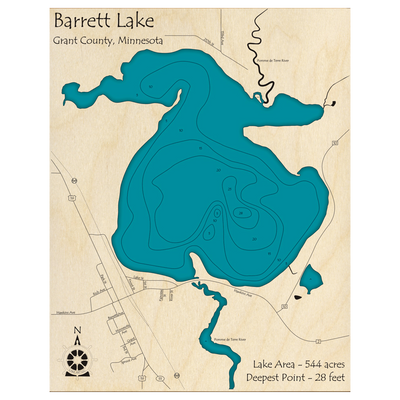 Bathymetric topo map of Barrett Lake, MN with roads, towns and depths noted in blue water.