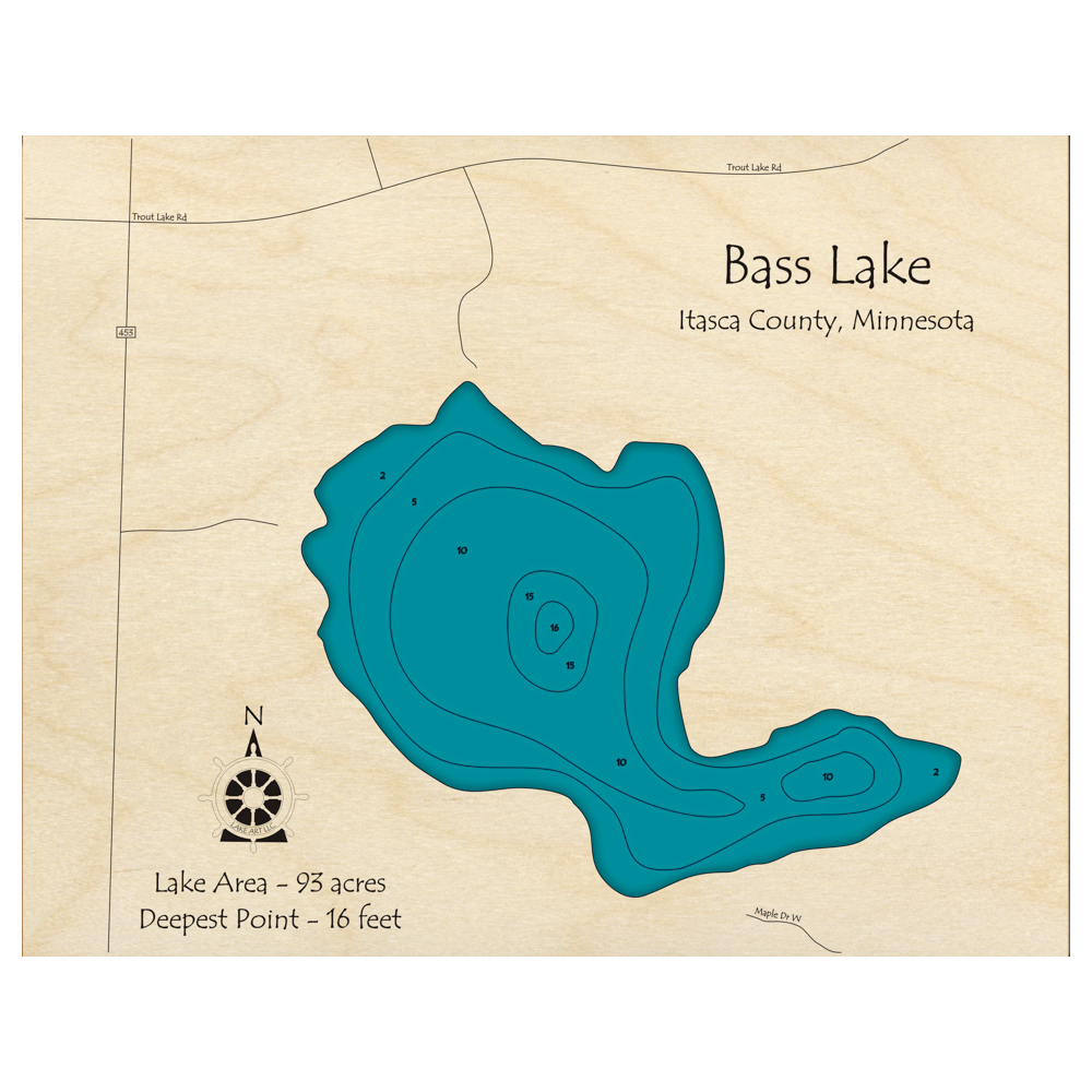 Bathymetric topo map of Bass Lake, MN with roads, towns and depths noted in blue water.