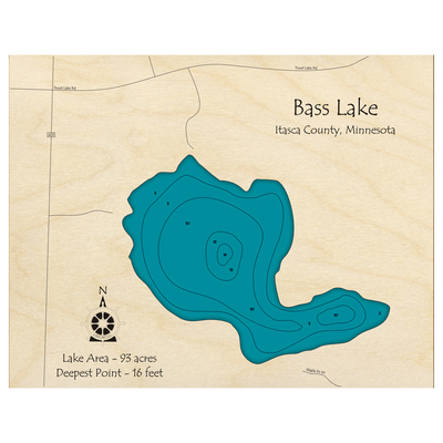 Bathymetric topo map of Bass Lake, MN with roads, towns and depths noted in blue water.