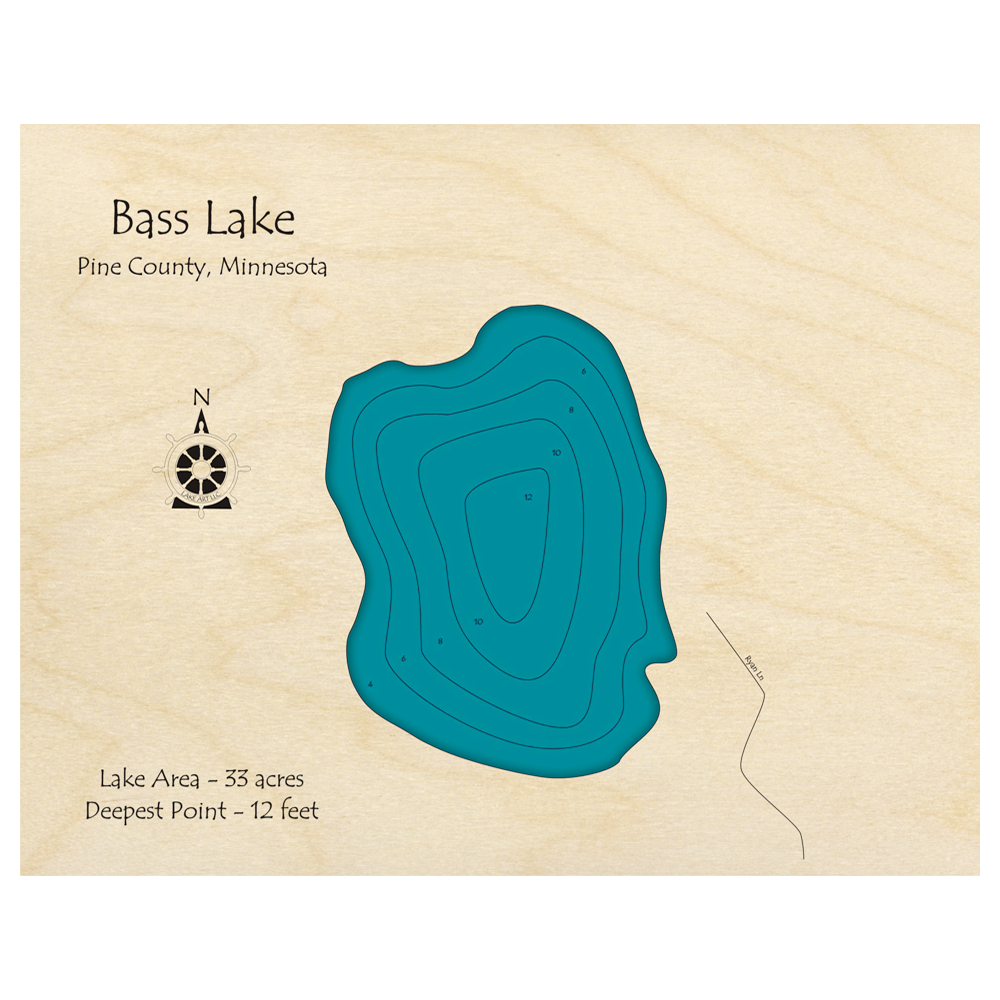 Bathymetric topo map of Bass Lake, MN with roads, towns and depths noted in blue water.