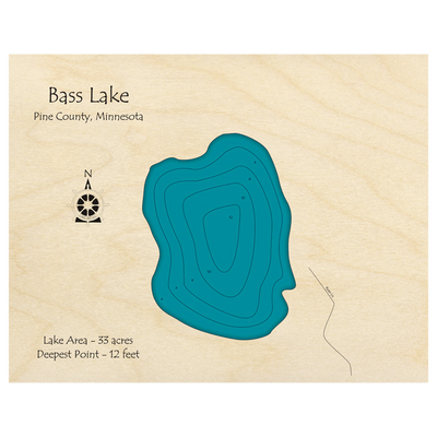 Bathymetric topo map of Bass Lake, MN with roads, towns and depths noted in blue water.