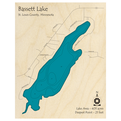 Bathymetric topo map of Basset Lake, MN with roads, towns and depths noted in blue water.