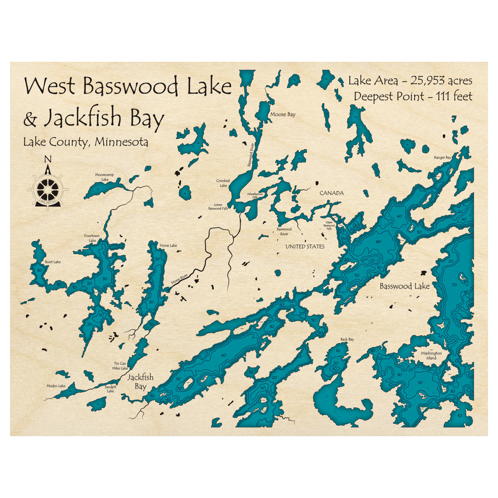 Bathymetric topo map of West Basswood Lake and Jackfish Bay, MN with roads, towns and depths noted in blue water.