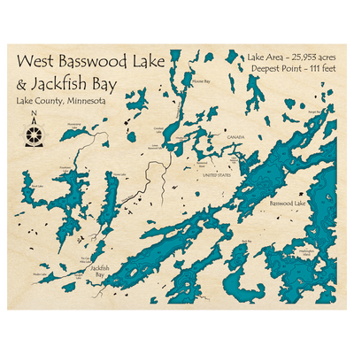 Bathymetric topo map of West Basswood Lake and Jackfish Bay, MN with roads, towns and depths noted in blue water.