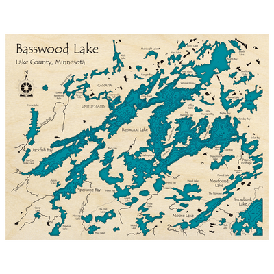Bathymetric topo map of Basswood Lake (ON, MN) with roads, towns and depths noted in blue water.