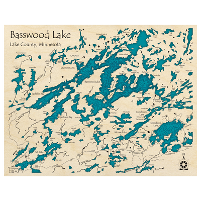 Bathymetric topo map of Basswood and Moose Lakes (ON, MN) with roads, towns and depths noted in blue water.
