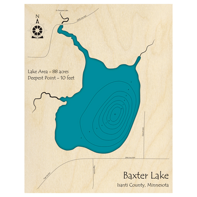 Bathymetric topo map of Baxter Lake, MN with roads, towns and depths noted in blue water.